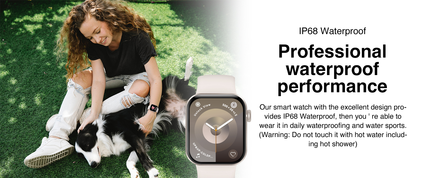 Text reads 'Professional waterproof performance', 'IP68 Waterproof'. Outdoor product demonstration showing watch being worn in garden setting.