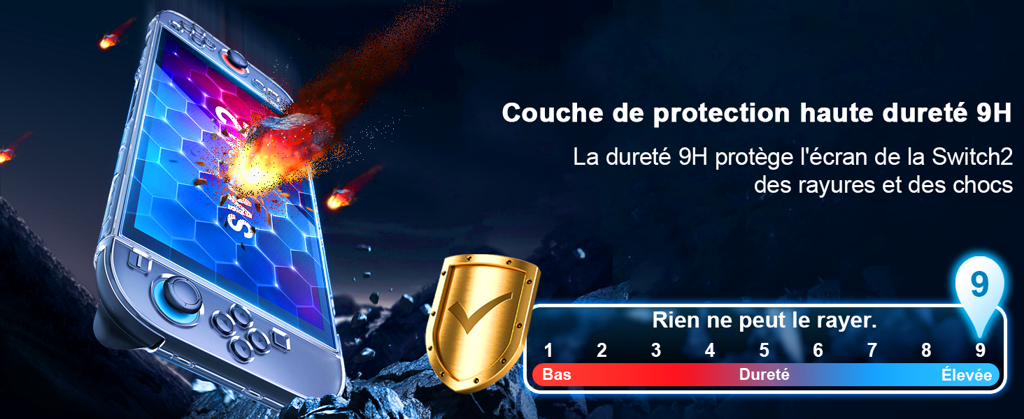 Le texte se lit comme suit : « Couche de protection haute durée 5H La barre de progrès protège l'écran de ta batterie ». Démonstration du protecteur d'écran avec écran du téléphone affichant un indicateur de batterie.
