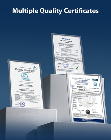 Visualización de varios certificados de calidad sobre un fondo azul. Los certificados se muestran en varios ángulos en una plataforma escalonada.