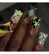 Duck Press on Nails Green Black Fake Nails with Star Design Rhinestone Glue on Nails Alligator Pr...