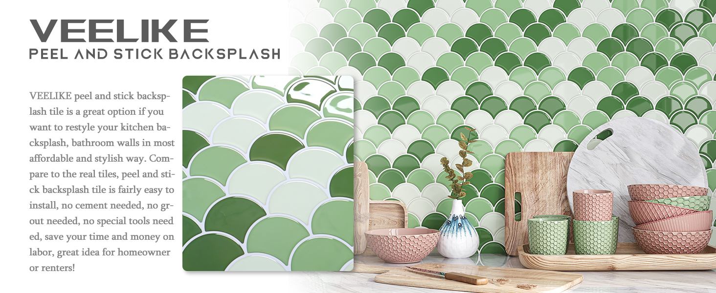 VEELIKE Green Fish Scale Peel and Stick Backsplash Tile Green Back