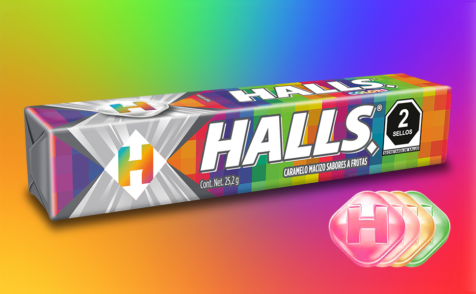 Halls Caramelo macizo sabor Colors variedad, caja con 12 paquetes de 25
