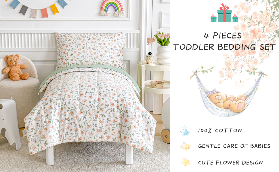Joyreap 4 Piece Cotton Toddler Bedding Set for Girls, Small