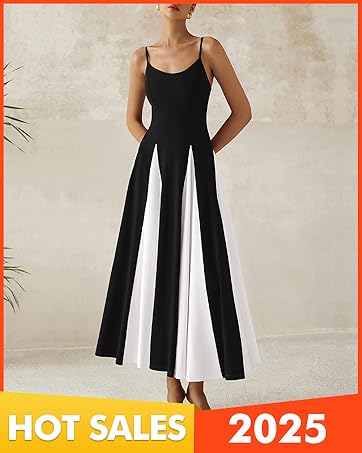 Spaghetti Strap Color Block Spring Dresses for Women 2025 Sleeveless Maxi Dress Flowy Prom Dresses