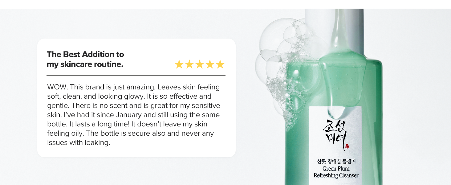 Beauty product bottle with green tint shown against white background. Five-star rating displayed. Text appears to be partially visible but not fully legible in the image.