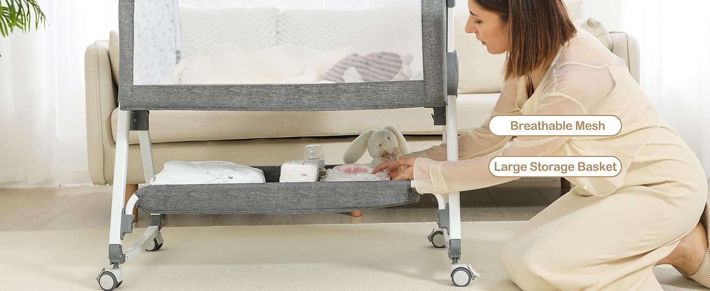 Bedside Bassinet with storage and wheels