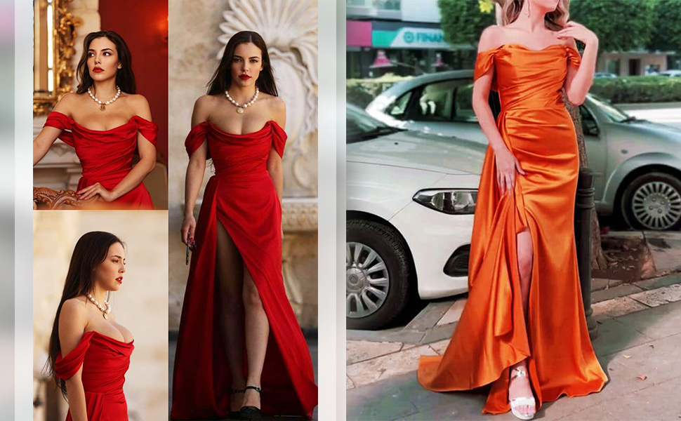 Vestidos largos de dama de honor de satén con corte sirena rojo