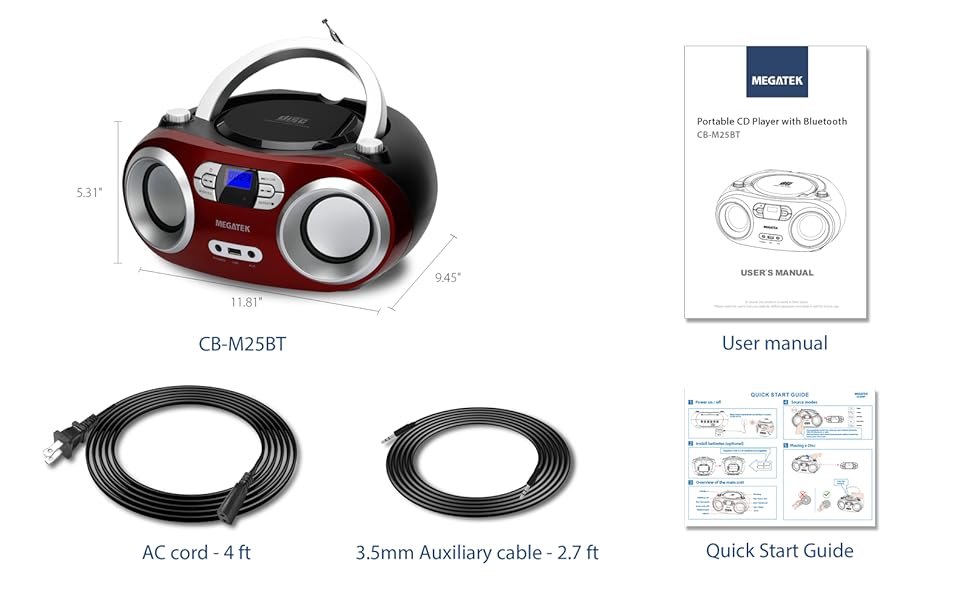 MEGATEK Portable CD Player/Radio/Bluetooth Boombox with