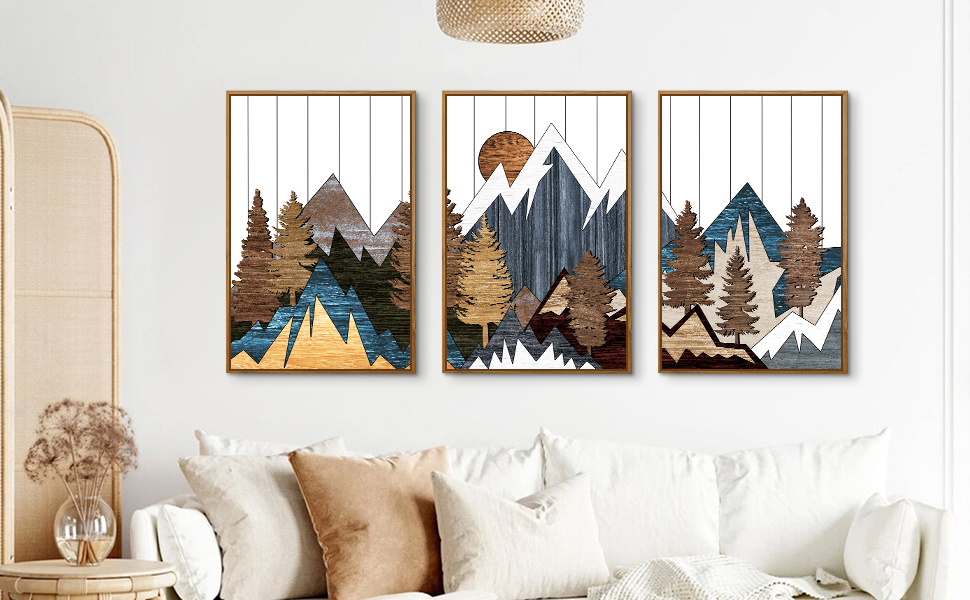 CHDITB Mountain Framed Canvas Wall Art Set, Country Woodcut