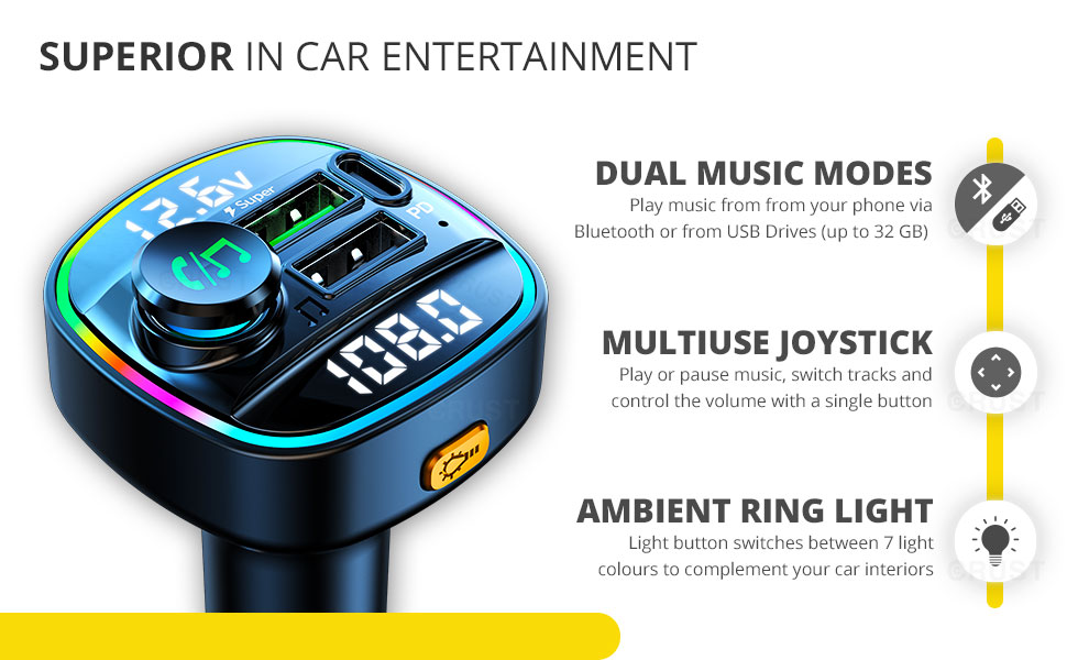 CRUST CS45 Car Bluetooth Device for Music System, FM Transmitter with Call Receiver