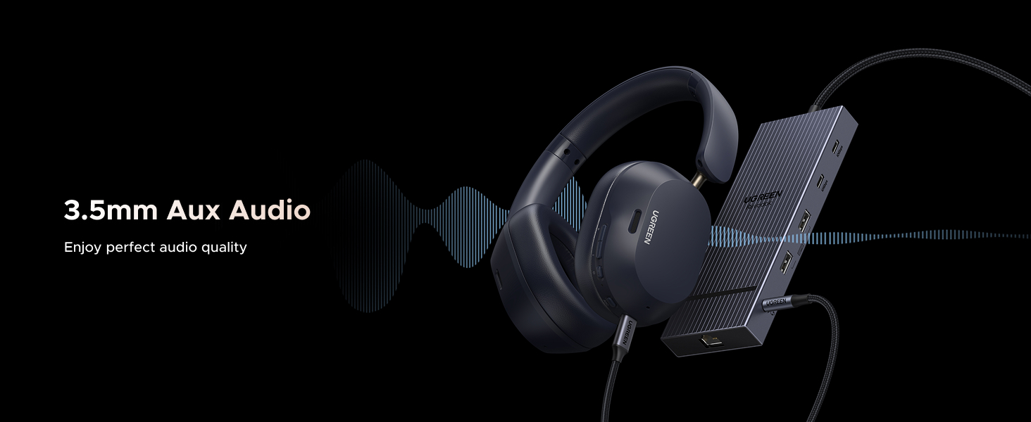 Black wireless headphones with an attached 3.5mm aux audio cable. Text indicates 'Enjoy perfect audio quality'. Sound wave graphics visible in background.