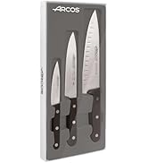 El texto dice «ARCOS». El juego de cuchillos profesionales se presenta en un paquete gris, con tres cuchillos de cocina con mangos negros.