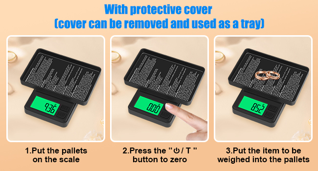 Digital scale with protective cover showing three-step usage instructions, featuring green LED display and removable weighing pallets.