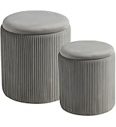 BLEXA Round Set of 2 Ottoman with Storage-Upholstered Velvet Vanity Stool for Makeup Multifunctio...