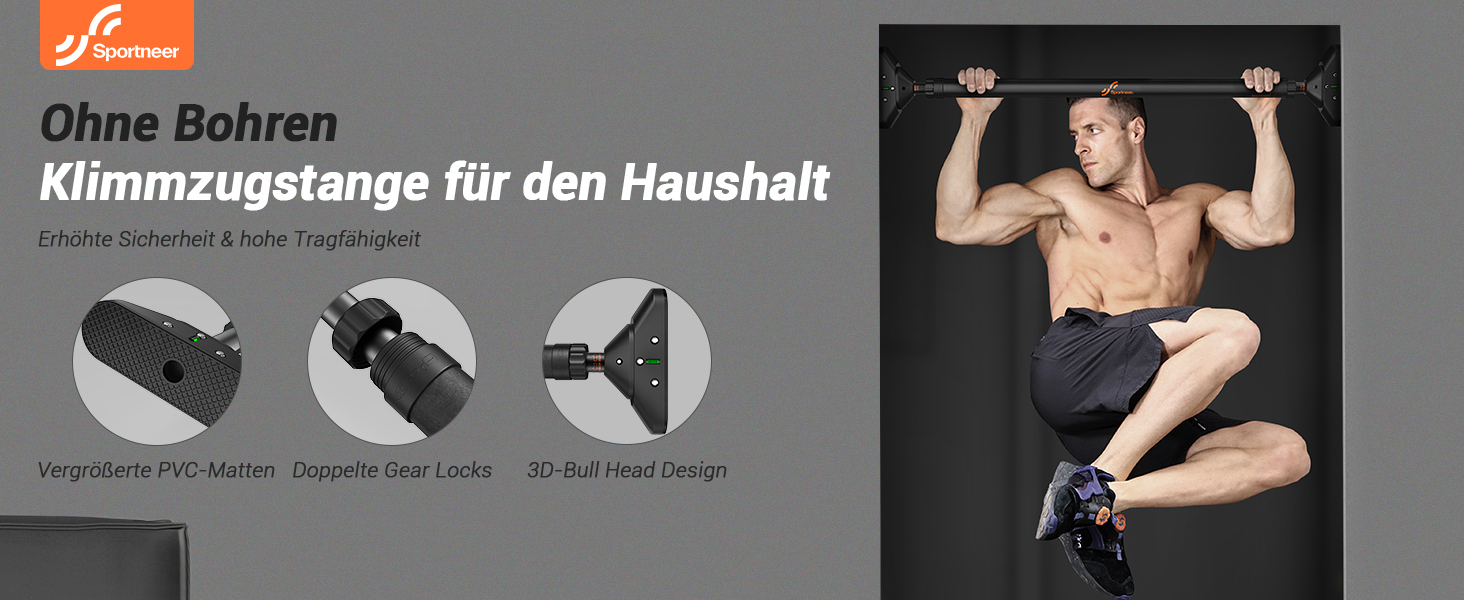Sportneer Klimmzugstange Türrahmen, Pull Up Bar Tragkraft bis 200 Kg