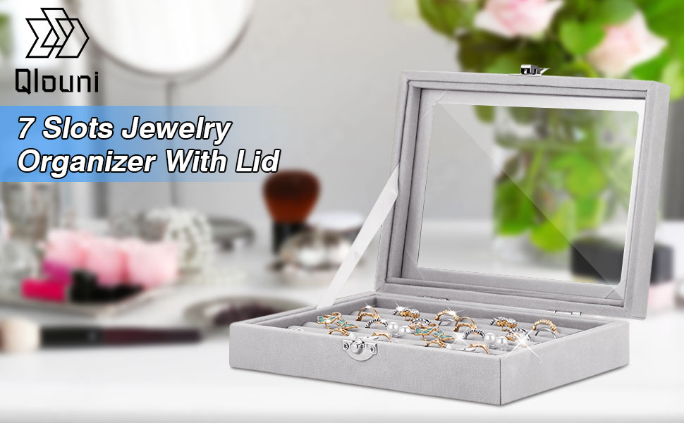 QLOUNI Earring Storage Case, 7 Slots Velvet Rings Display Case Box