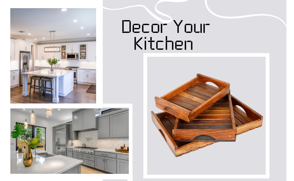 CRAFTARENA Wooden Serving Trays with Handle Set of 3 Large