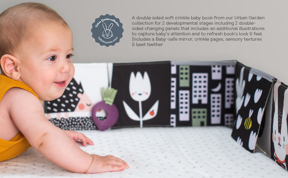 Taf Toys Urban Garden Soft Cloth Newborn Book, Crinkle Baby Book. High Contrast Sensory Toys. Early Education Activity Toy. Infant Tummy Time Toys. Multi-Sensory Textures and a Baby-Safe Mirror 10 Taf Toys Urban Garden Pram Book