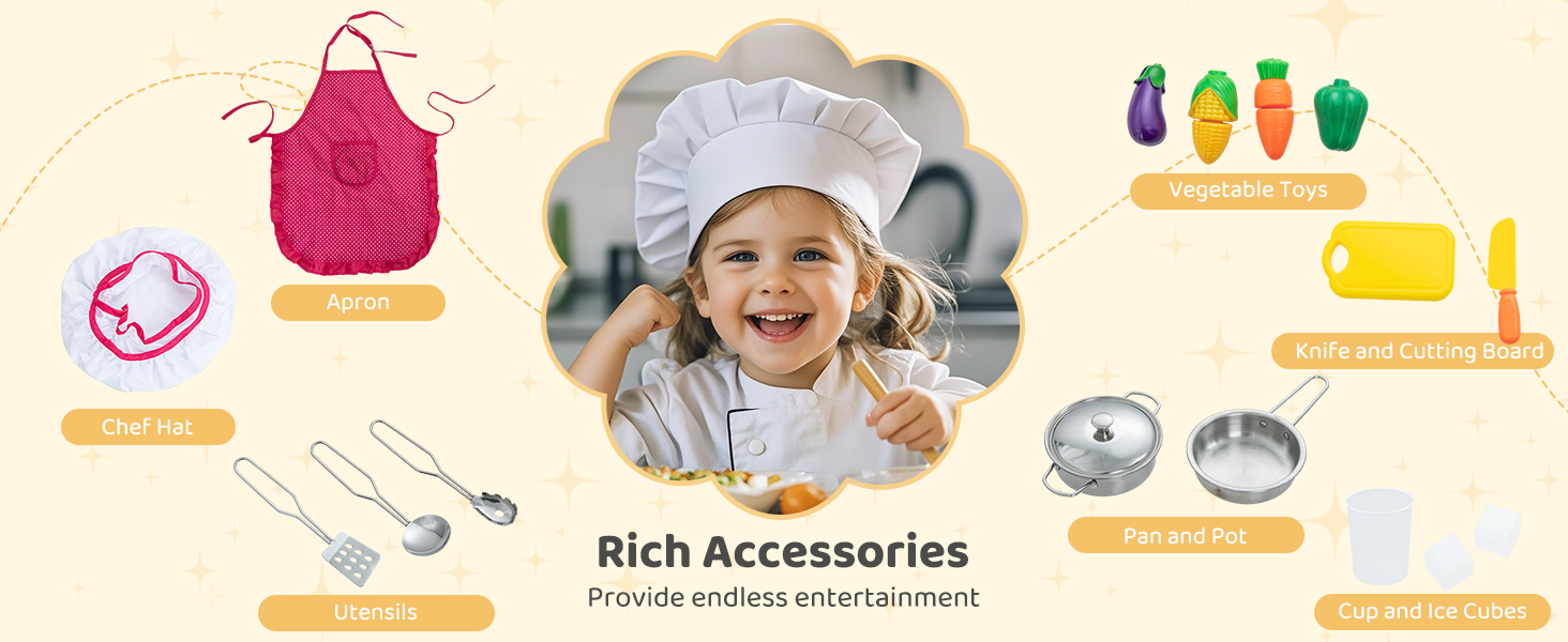 Children's cooking accessories including pink apron, chef's hat, utensils, pots, and colorful vegetables. Text 'Rich Accessories' suggests a playful cooking set for kids.