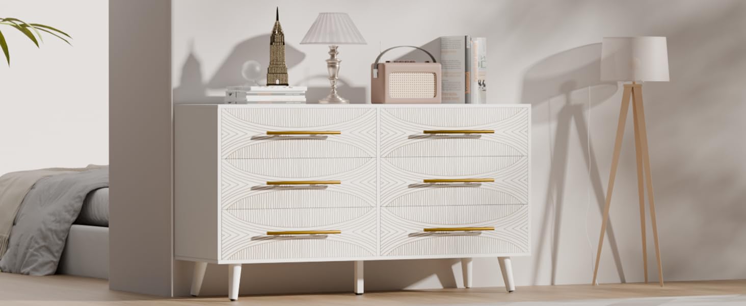 FNCK White Dresser for Bedroom with 6 Drawers, Wide Chest