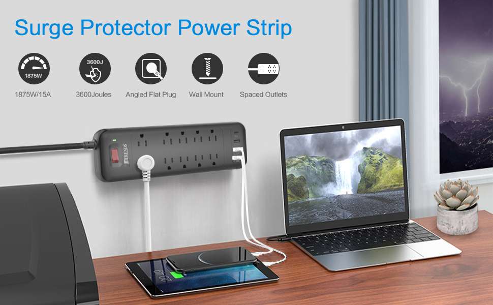 Power Strip, Surge Protector with 10 Outlets and 3 USB Ports (5V/2.4A) & 1 USB-C Port (5V/3A)