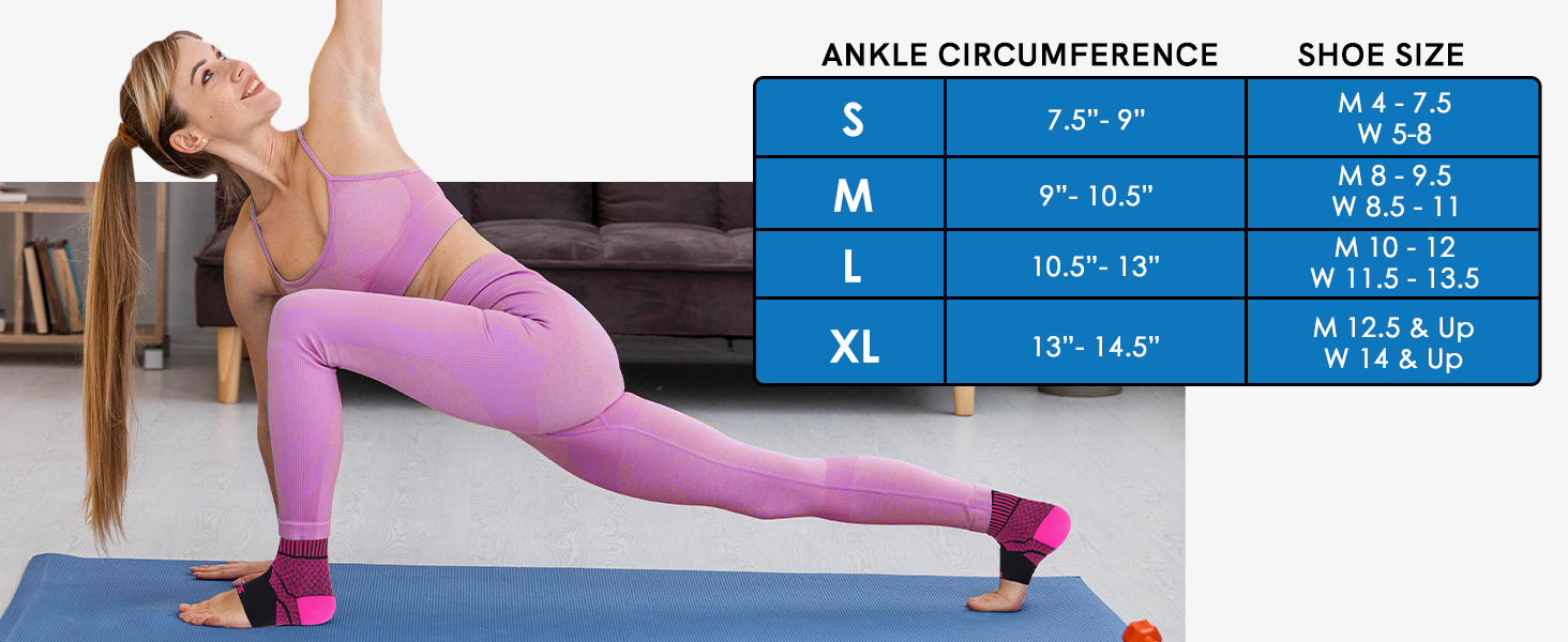 Image contains the size chart: S 7.5” - 9”   M 9” - 10.5“   L 10.5” - 13“   XL 13” - 14.5”