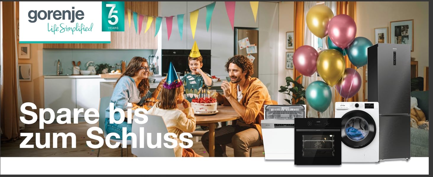 Combina frigorifica Gorenje, 206L, Clasa D, Auto Defrosting, Eco Mode, Crisp Zone, Alb, RF414DPW4 2 Textul spune „Gorenje” și „Salvați până la sfârșit”. Această reclamă la un aparat electrocasnic prezintă o scenă din bucătărie cu baloane colorate și electrocasnice moderne.