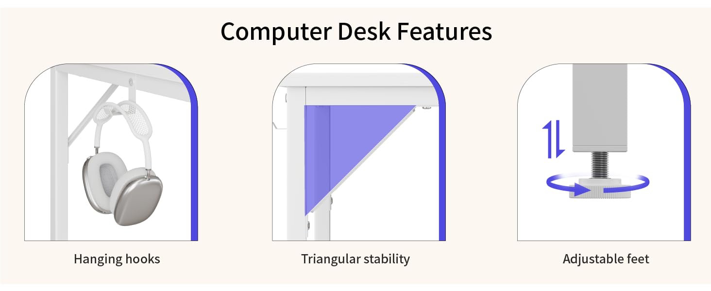 Computer desk features diagram showing three key elements: hanging hooks for accessories, triangular stability design, and an adjustable foot for leveling.