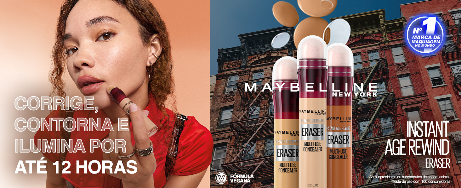 Mulher latina usando o produto com a frase: corrige,contorna e ilumina por até 12 horas