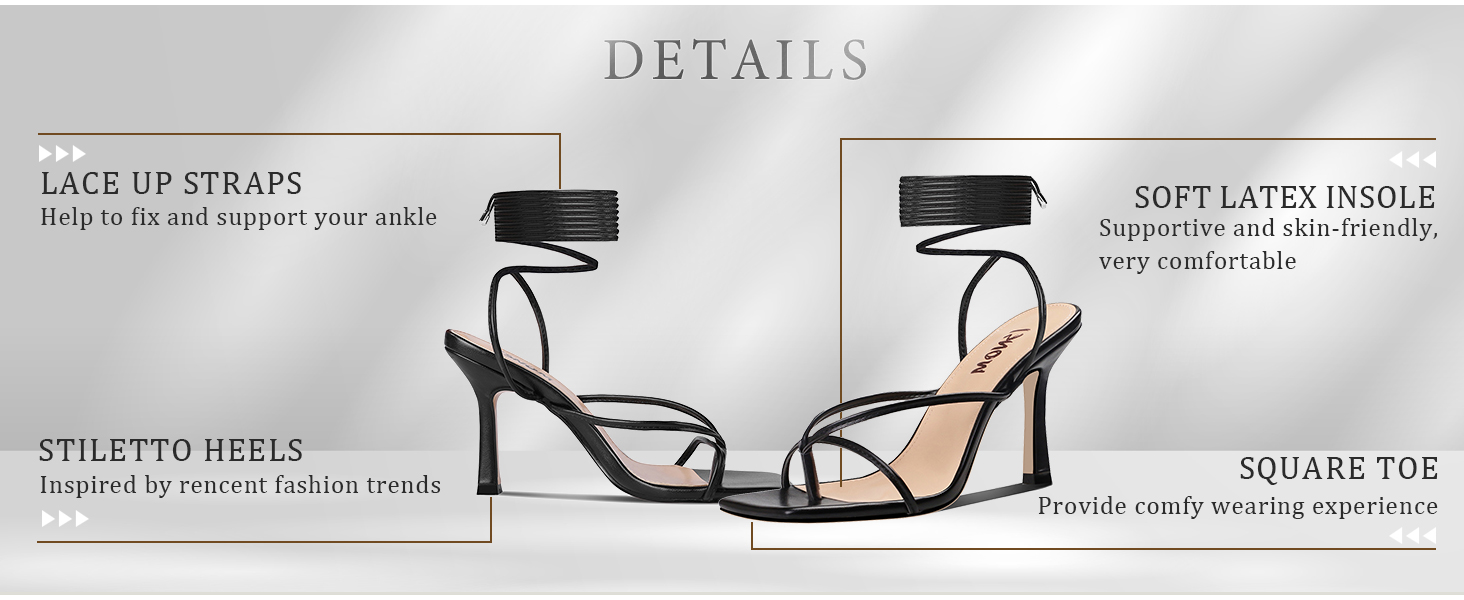 ISNOM Lace Up Heels Sandals for Women, Square Toe Open Toe Thong Strappy Heels