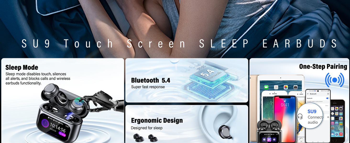 Text reads: 'S U 9 Touch Screen SLEEP EARBUDS'. Product showcase of wireless earbuds with multiple views showing charging case and technical specifications.