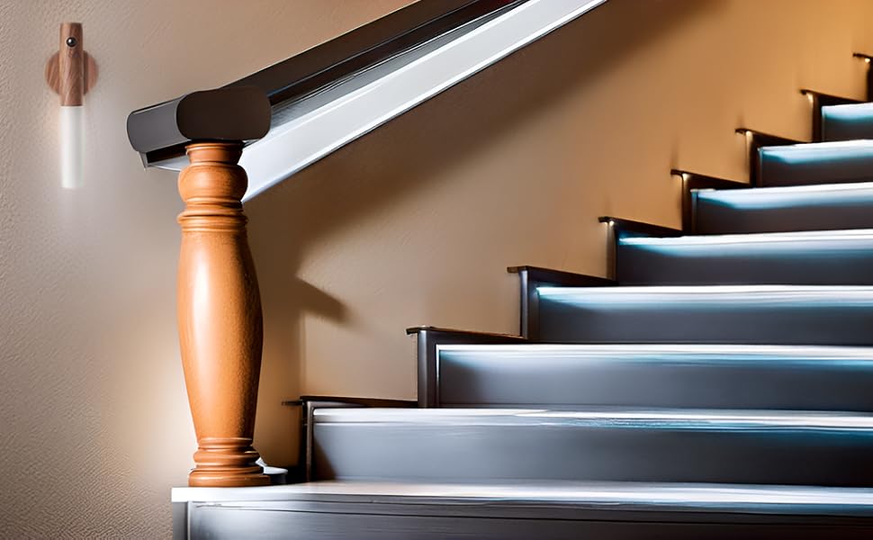 the light illuminating the steps in a dim hallway.