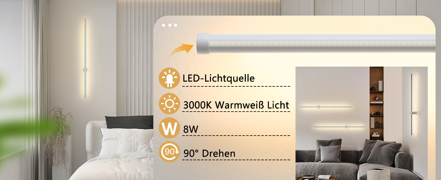 Wandleuchte mit langem, dünnem Design. In den Produktinformationen sind eine LED-Lichtquelle, warmweißes Licht mit 3000 K, eine Leistung von 8 W und eine Drehbarkeit von 90° aufgeführt