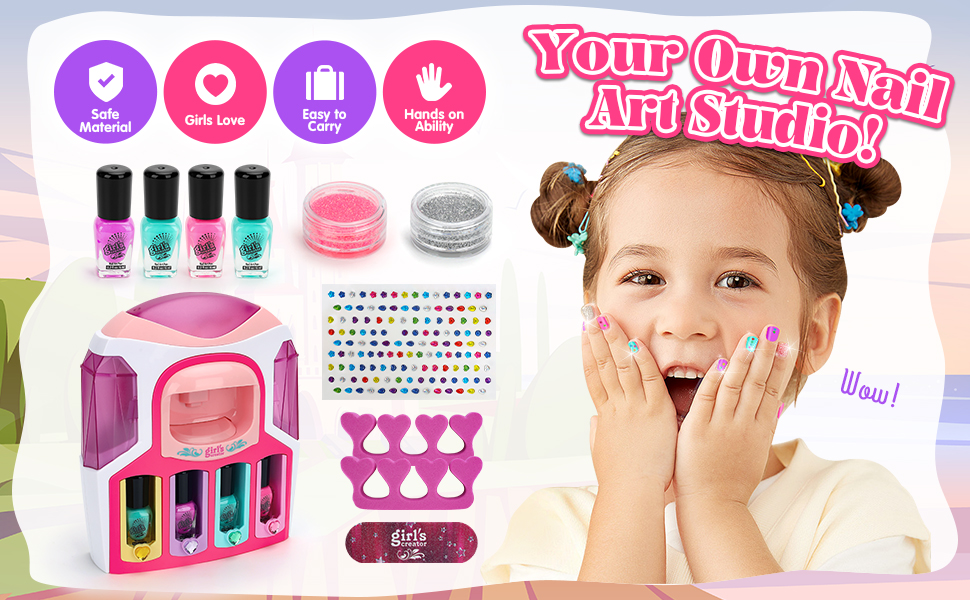 Kids Nail Art Kit for Girls, 2 in 1 Dryer Nail Salon Set, 4 Colorful Peelable Nail Polishes