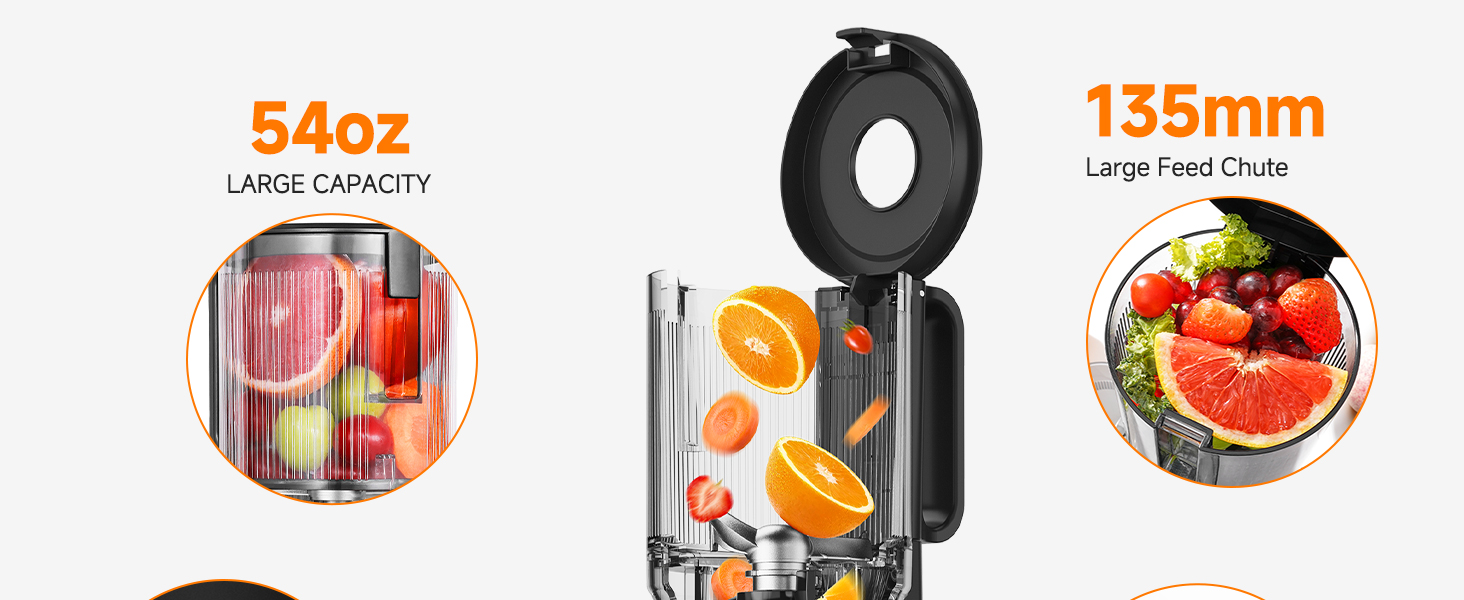 Text shows '54oz' and '135mm'. Product appears to be a beverage container with three circular icons showing fruit/liquid contents.