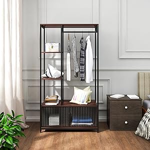 WOLTU Appendiabiti Da Terra In Legno E Metallo Di Bambù Con Mensole Laterali Faggio Scuro+nero 15 porta abiti