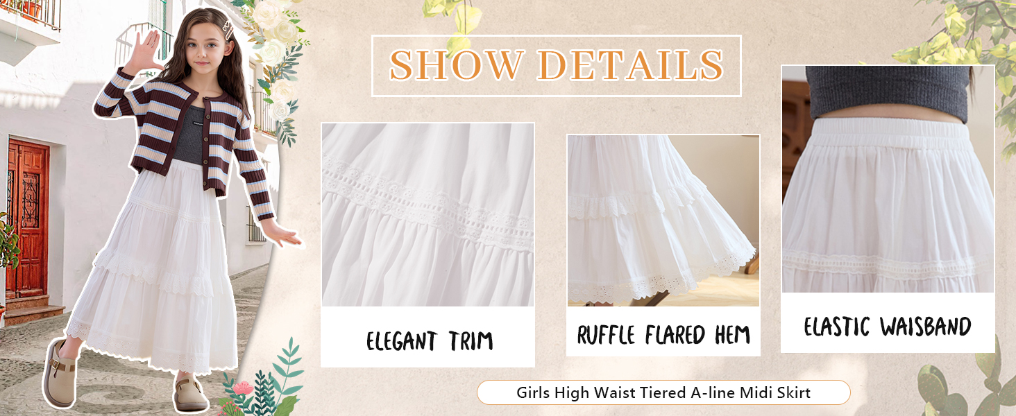 SEAUR Girls Maxi Skirt with Ruffle Tier Casual Kids Skirt with Pocket A-Line Elastic Waist Cotton Blend School Daily Casual Party Summer Wear 3-12 Years 17 SEAUR Girls Maxi Skirt