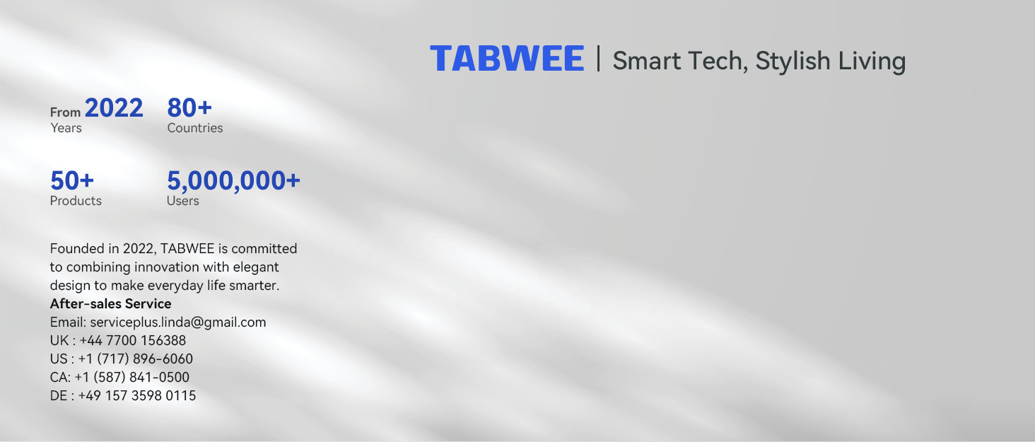 Text reads 'TABIWEE | Smart Tech, Stylish Living'. Website header or banner design with minimalist layout and blue accent elements.