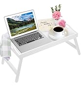 Bed Tray Table with Handles Folding Legs Bamboo Breakfast Food Tray with Media Slot for Platters,...