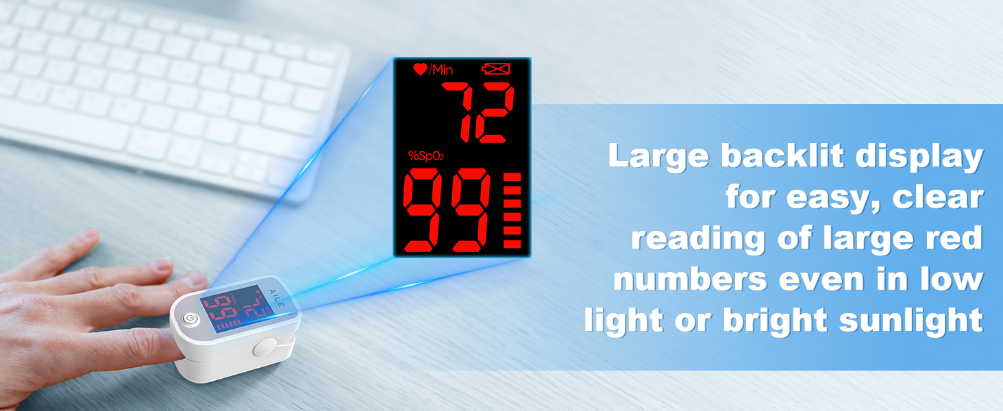 Large red digital display showing numbers with white keyboard in background, highlighting backlit visibility feature.