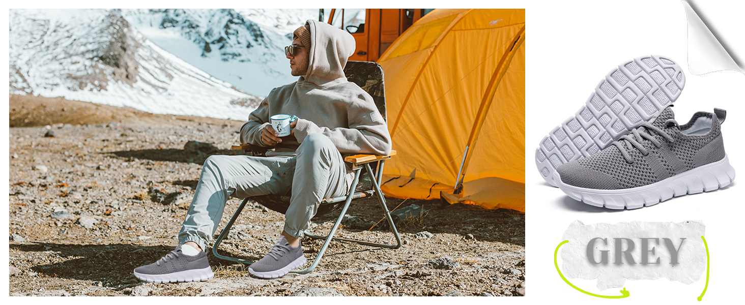 Composite image showing a person camping with a yellow tent, and a grey athletic shoe with white sole. 'GREY' text visible in yellow circle.