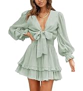 Dokotoo Womens Casual Spring Summer 2025 Deep V Neck Knotted Tiered Chiffon Elegant Mini Short Sw...
