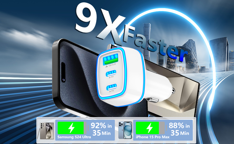 3-Port 67W Dual PD/QC3.0 Car Power Adapter USB-C Car Charger Fast Charging Cigarette Lighter Adapter