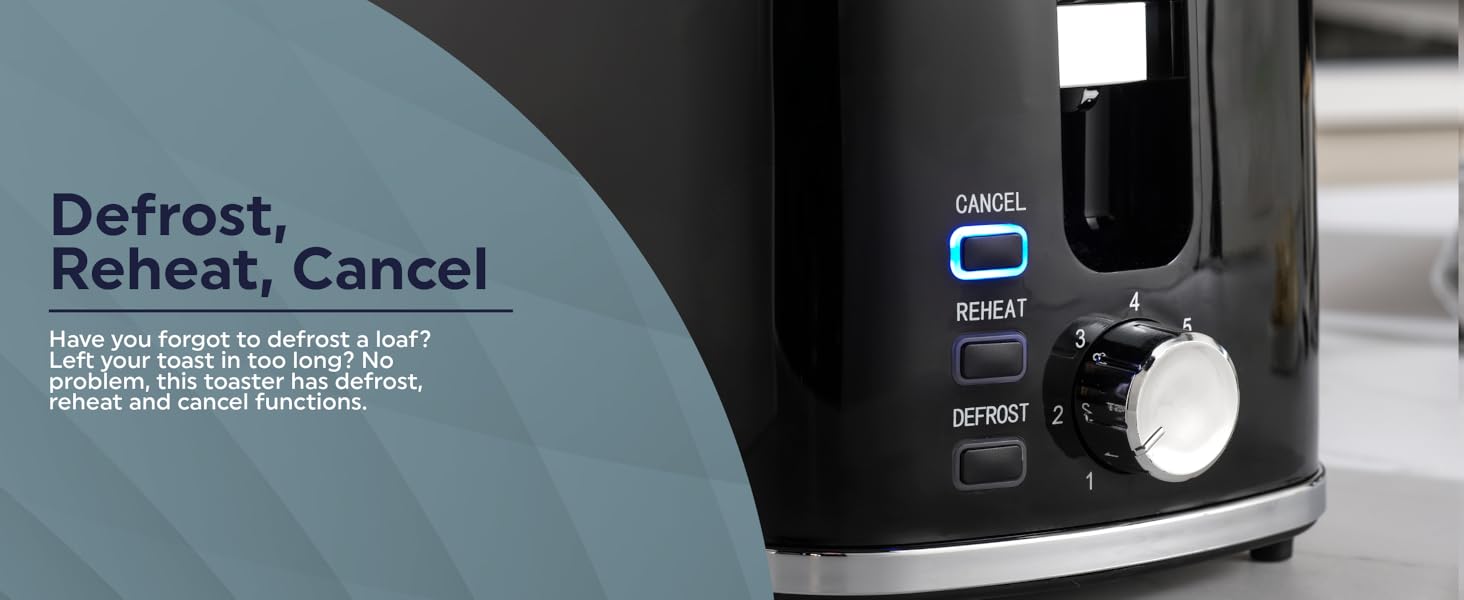 Toaster control dial and A set of buttons with options like cancel, delete, reheat, and defrost