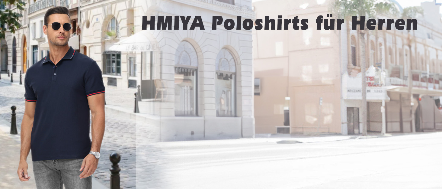 mit Textüberlagerung „HMIYA Poloshirts für Herren“ vor architektonischem Hintergrund