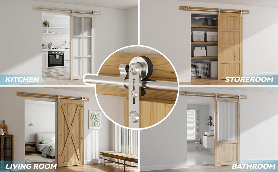 Der Text lautet: „WOHNZIMMER WOHNZIMMER BADEZIMMER“. Geteiltes Bild, das das Beschlagsystem für Scheunentore mit Rollenmechanismus aus Edelstahl zeigt, das an Holztüren montiert ist.