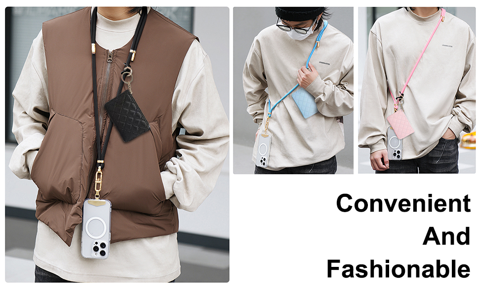 Clip and Go Phone Strap with Leather Zipper Pouch Phone Crossbody Adjustable Chain Lanyard Wallet