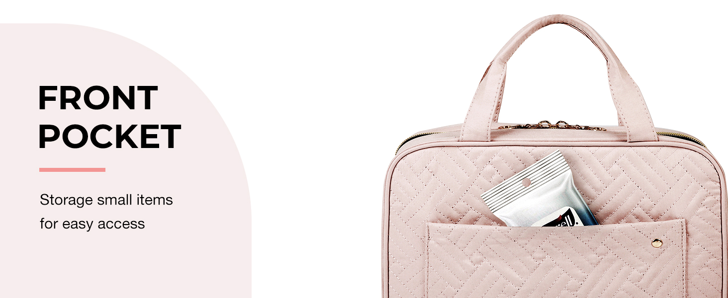 Light pink quilted handbag with front pocket. Text overlay: 'FRONT POCKET' and 'Storage small items for easy access'.