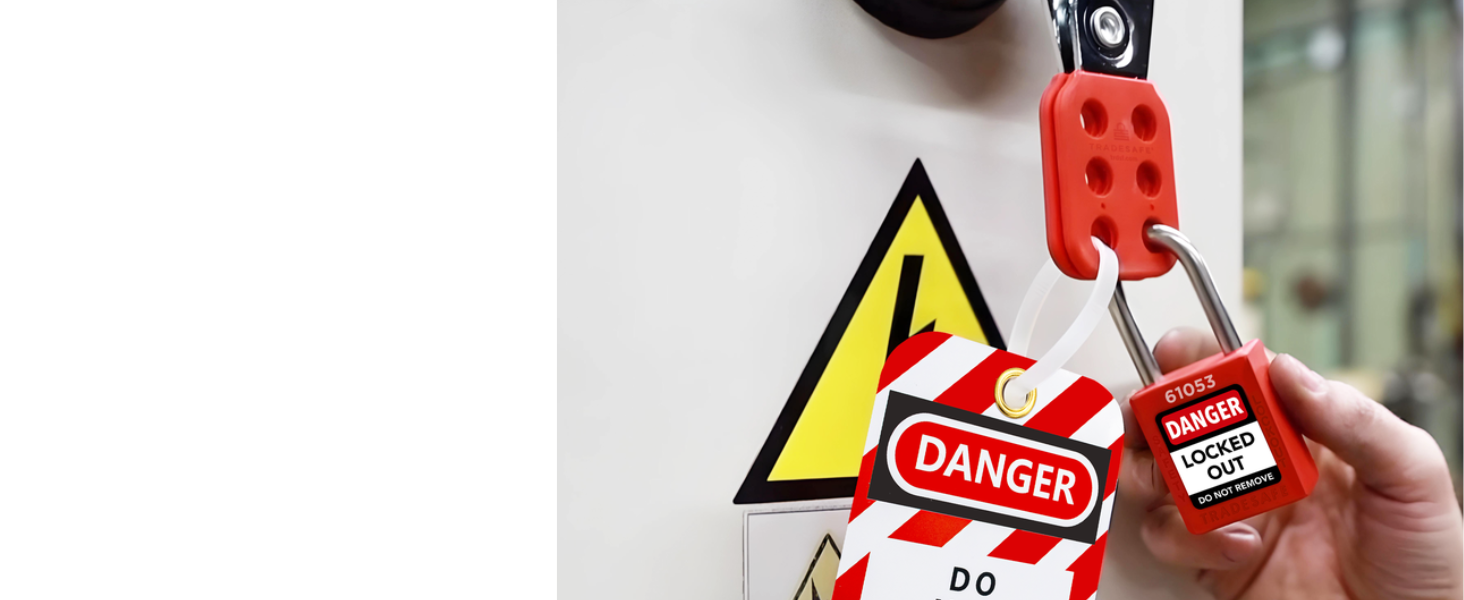 loto padlock in-use along with a loto hasp and loto tag danger do not operate
