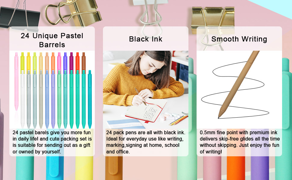 24 PCS Retractable Pastel Gel Pens, 0.5mm Fine Point Cute Pens for Journaling